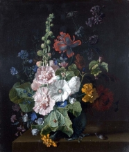 212/huysum, jan van - hollyhocks and other flowers in a vase